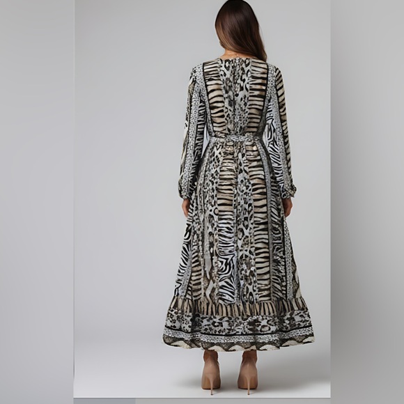 Animal Print Lantern Sleeve Tie Waist A-Line Dress - Picture 5 of 9